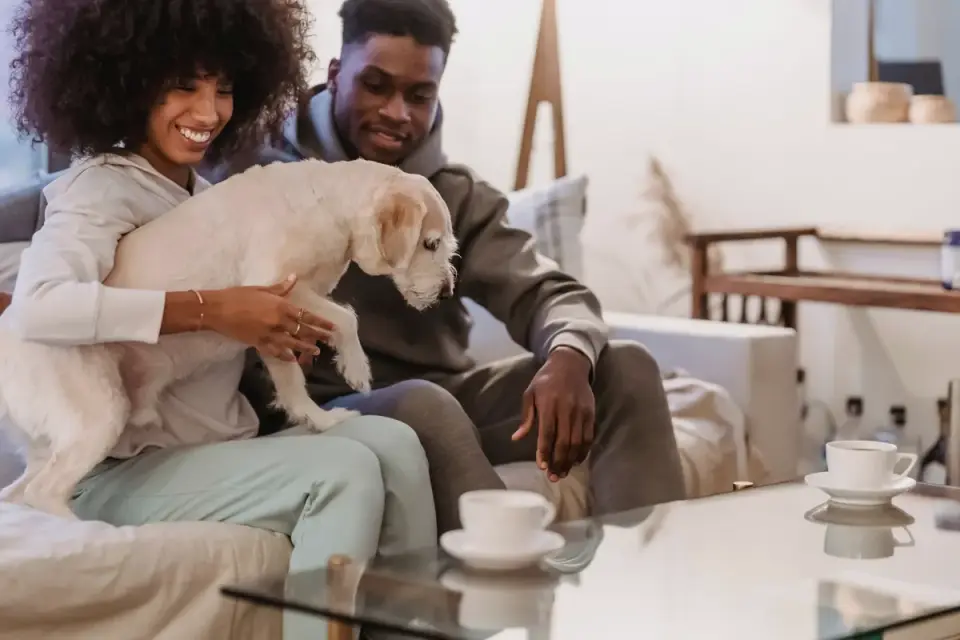 Dog eating from a bowl at home